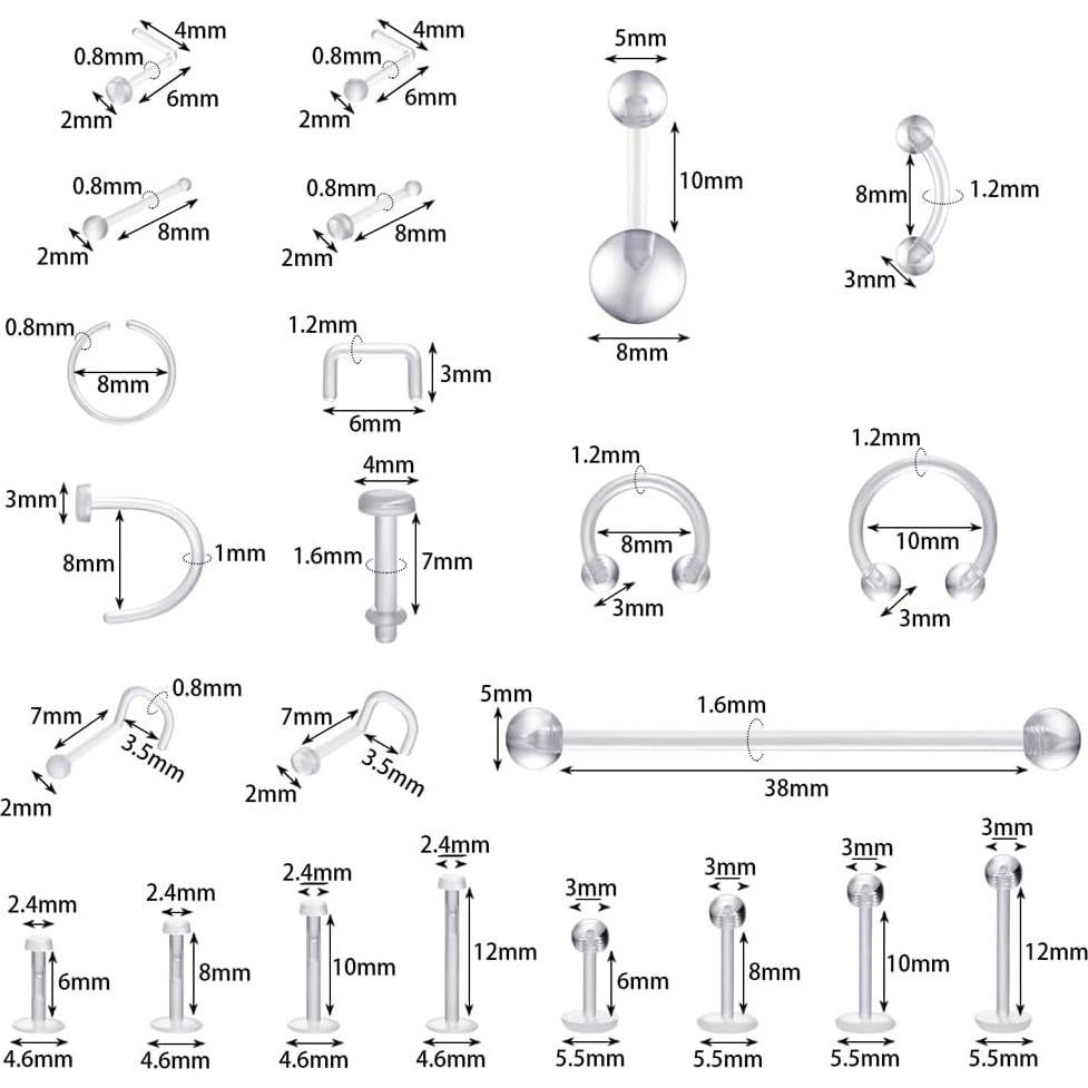 Conjunto de Retenedores de Piercing Transparentes Intera - 43 Piezas