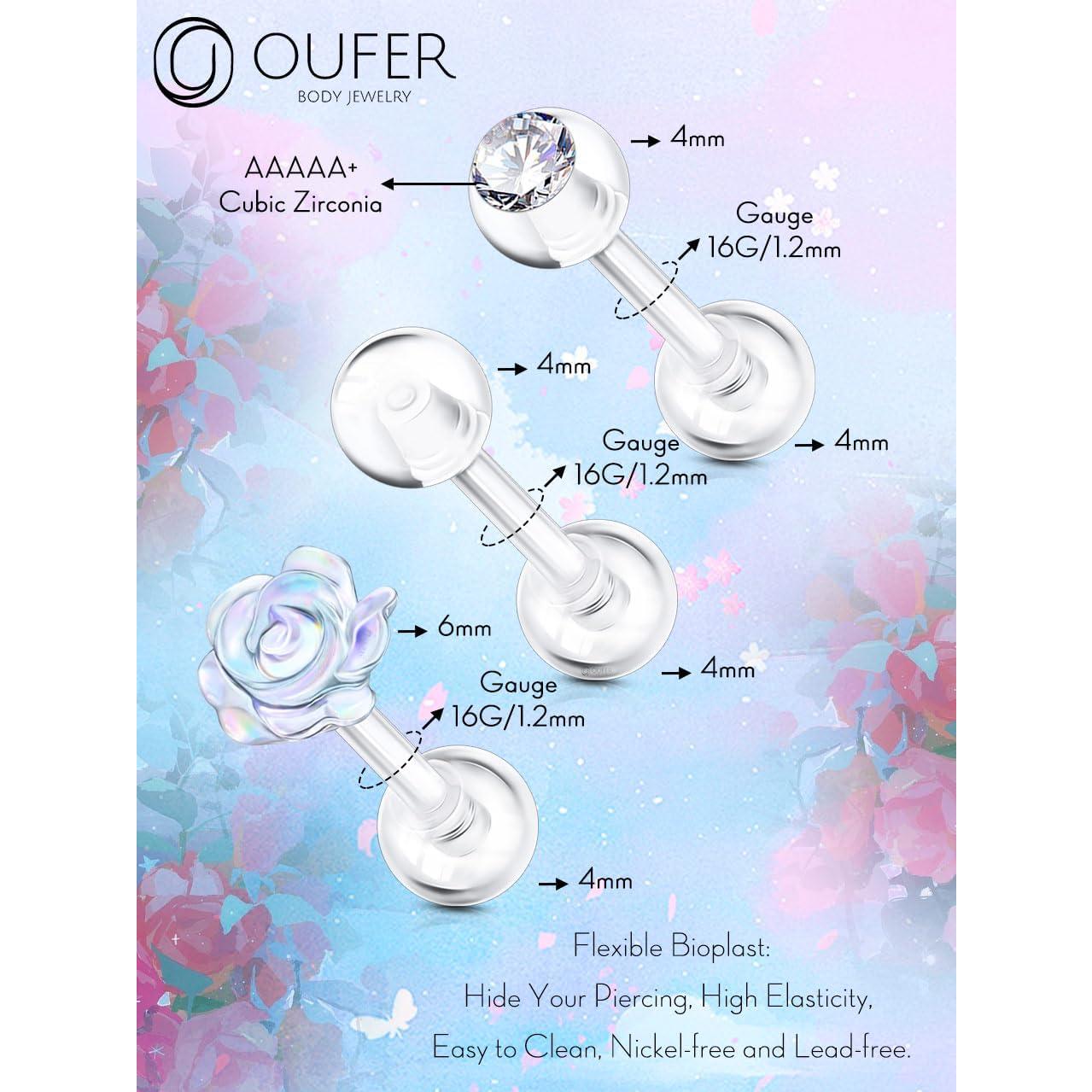 OUFER 3PCS Retenedores de Piercing Transparentes 16G Bioflex