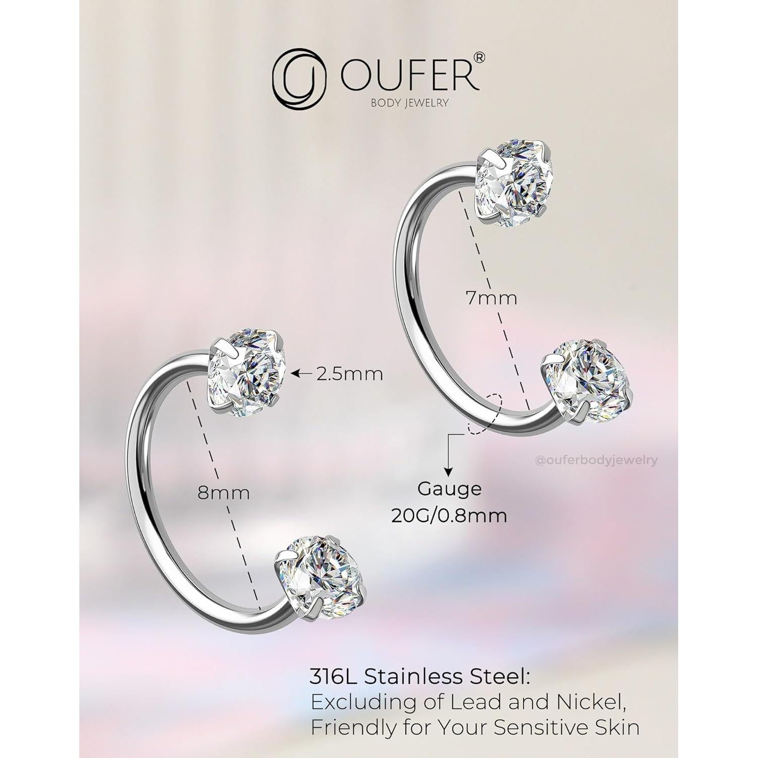 Anillos de Nariz OUFER 316L Acero Quirúrgico 20G 7mm 8mm