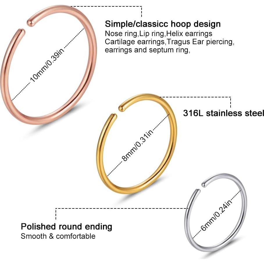 Juego de 24 Anillos de Nariz de Acero Inoxidable Angel King