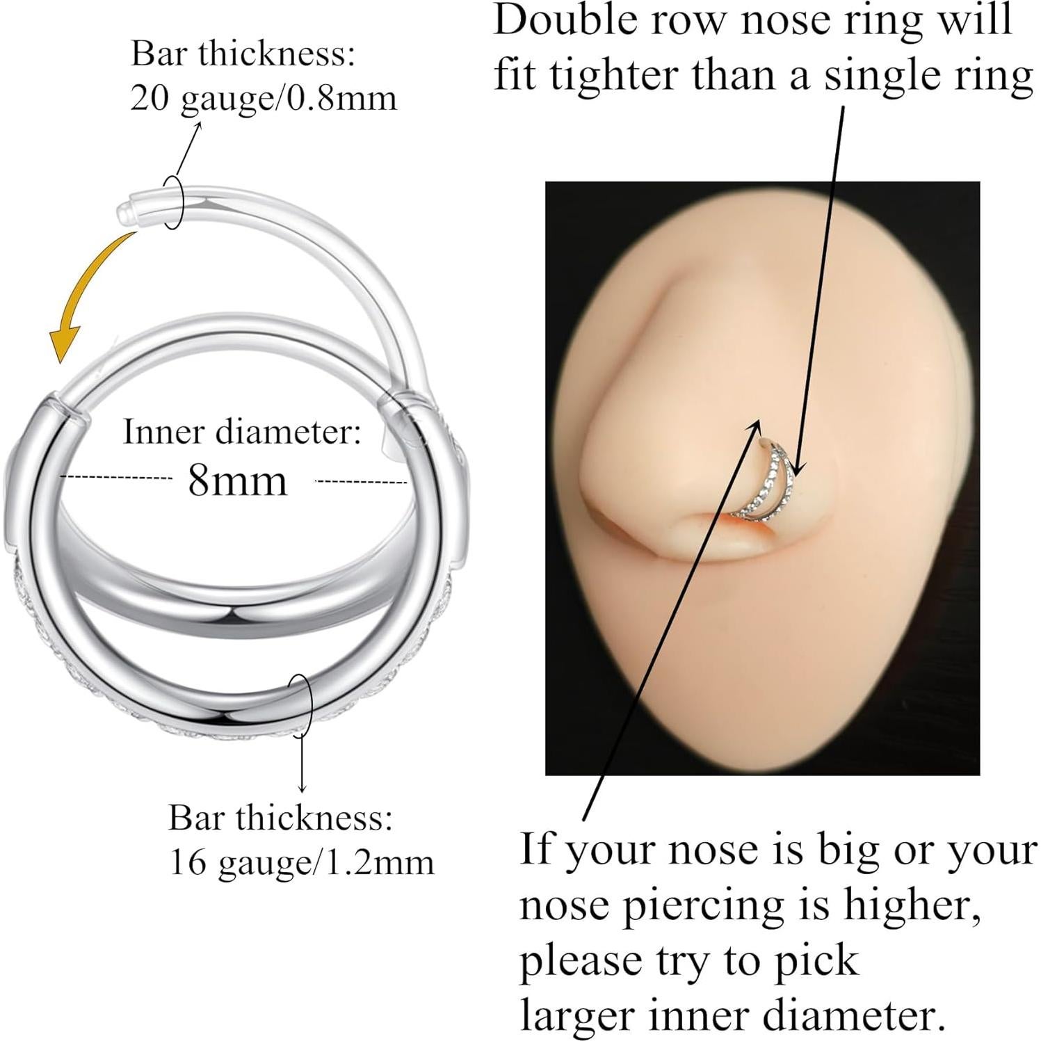 Aro de Nariz Doble CZ 316L Acero Quirúrgico 20G 8mm Plata