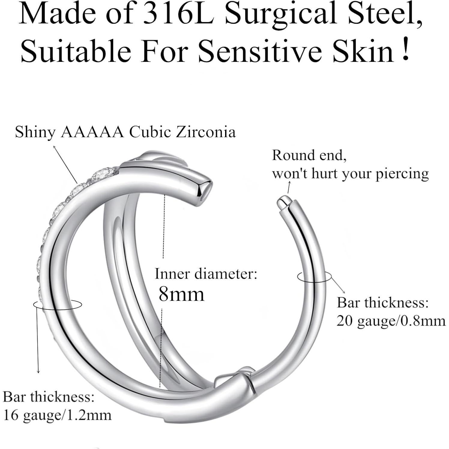 Aro de Nariz Doble CZ 316L Acero Quirúrgico 20G 8mm Plata