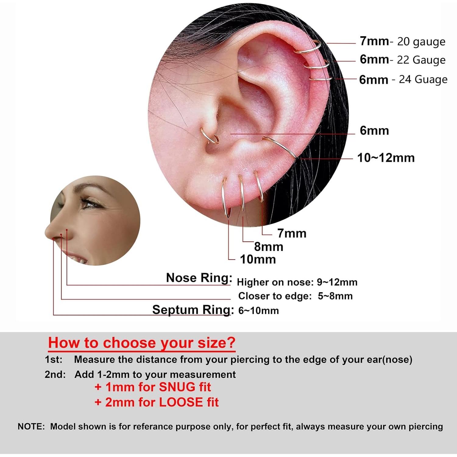 Pendientes de aro de oro 14k para cartílago 7mm 22 gauge