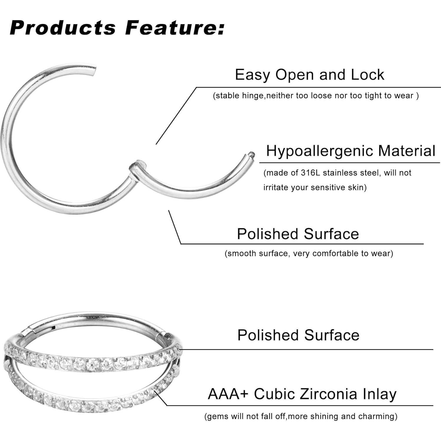 Aros Nasales Dochais 4PCS Acero Quirúrgico 8mm 10mm