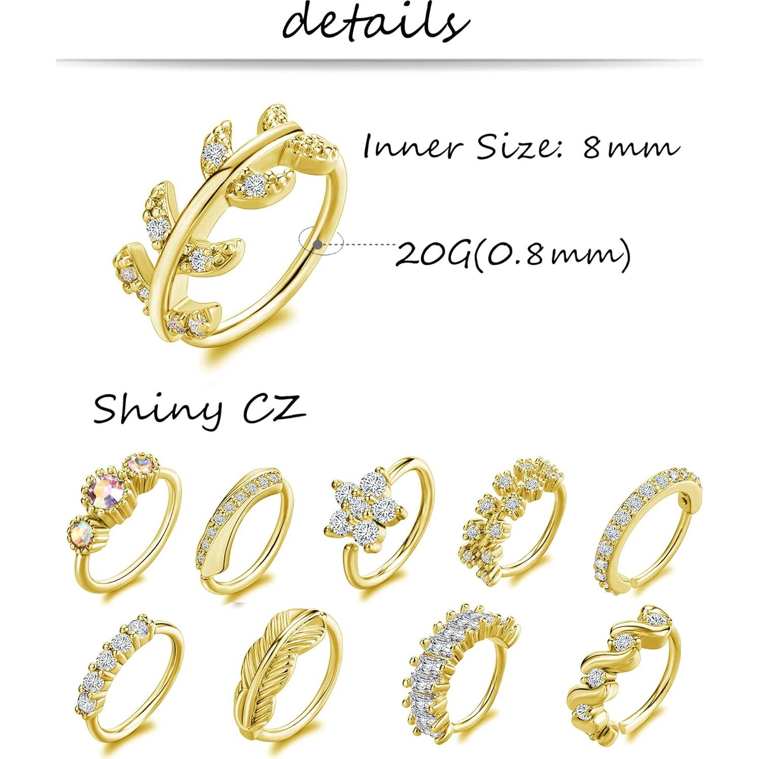 Aros de Nariz Tornito 10Pcs Oro Plata Rosa 20G CZ