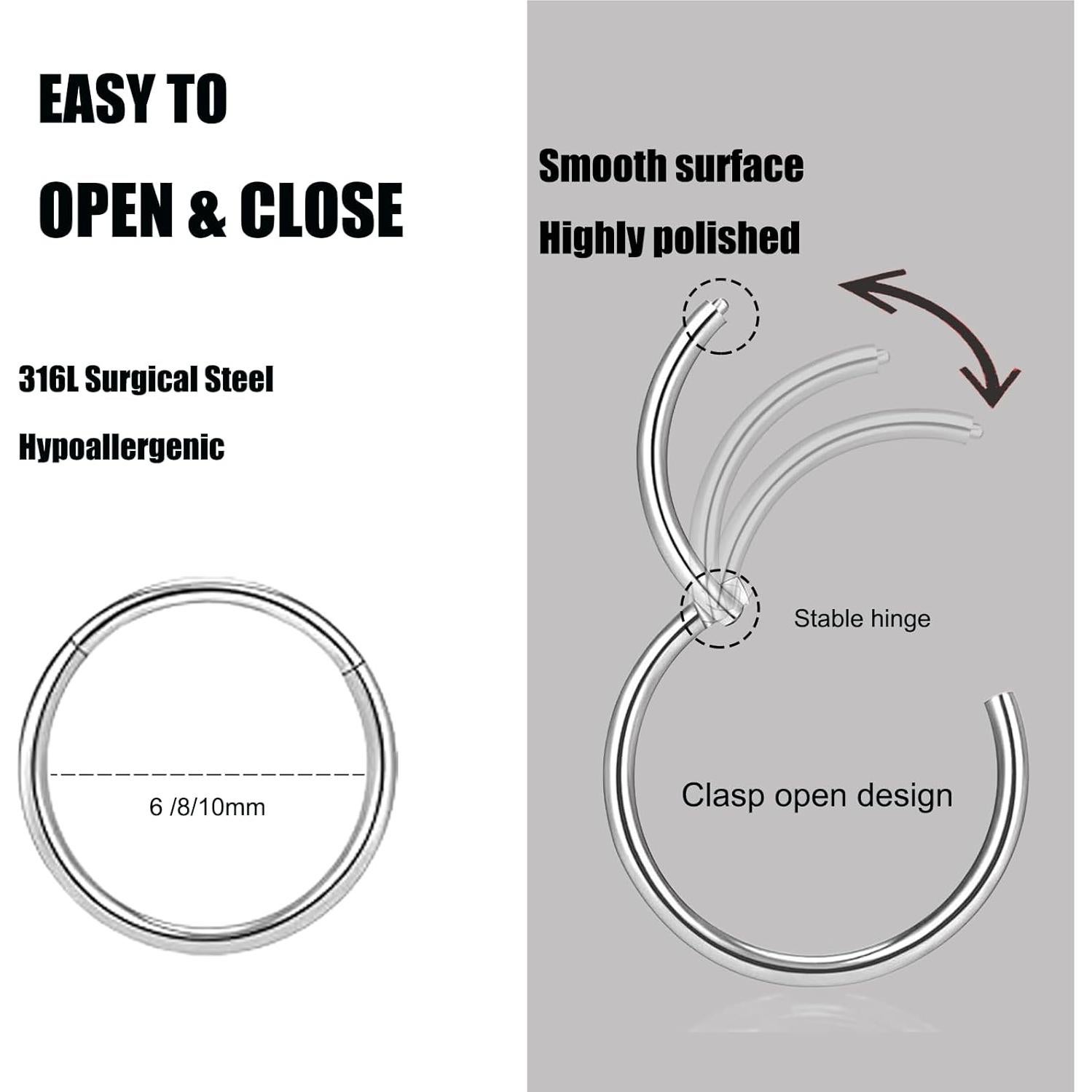 Aros Nasales Hipoalergénicos 8Pcs 20G Acero Inoxidable 316L