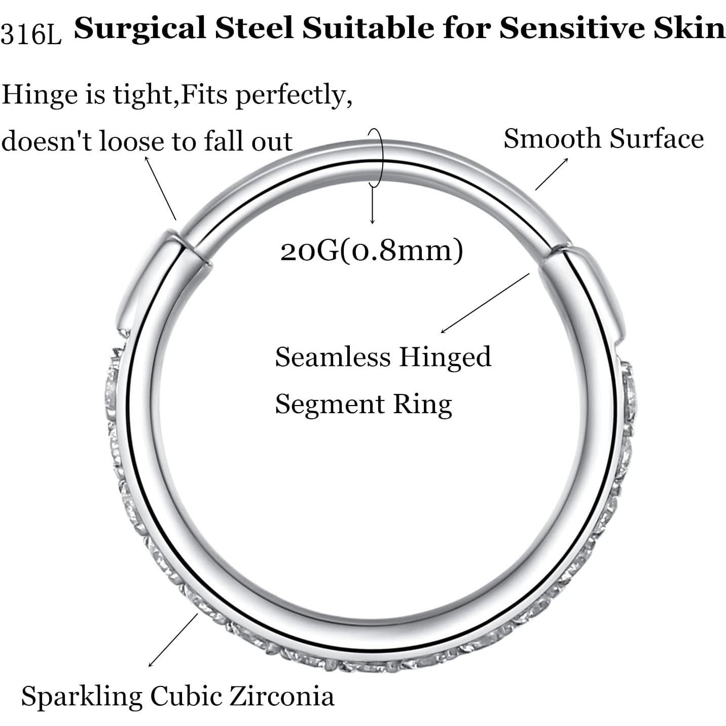 Anillo de nariz segmentado 316L acero quirúrgico 20G 8mm plata