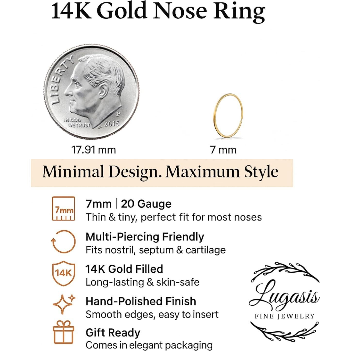 Anillo de Nariz de Oro Relleno 14k 7mm 20 Gauge Hecho a Mano