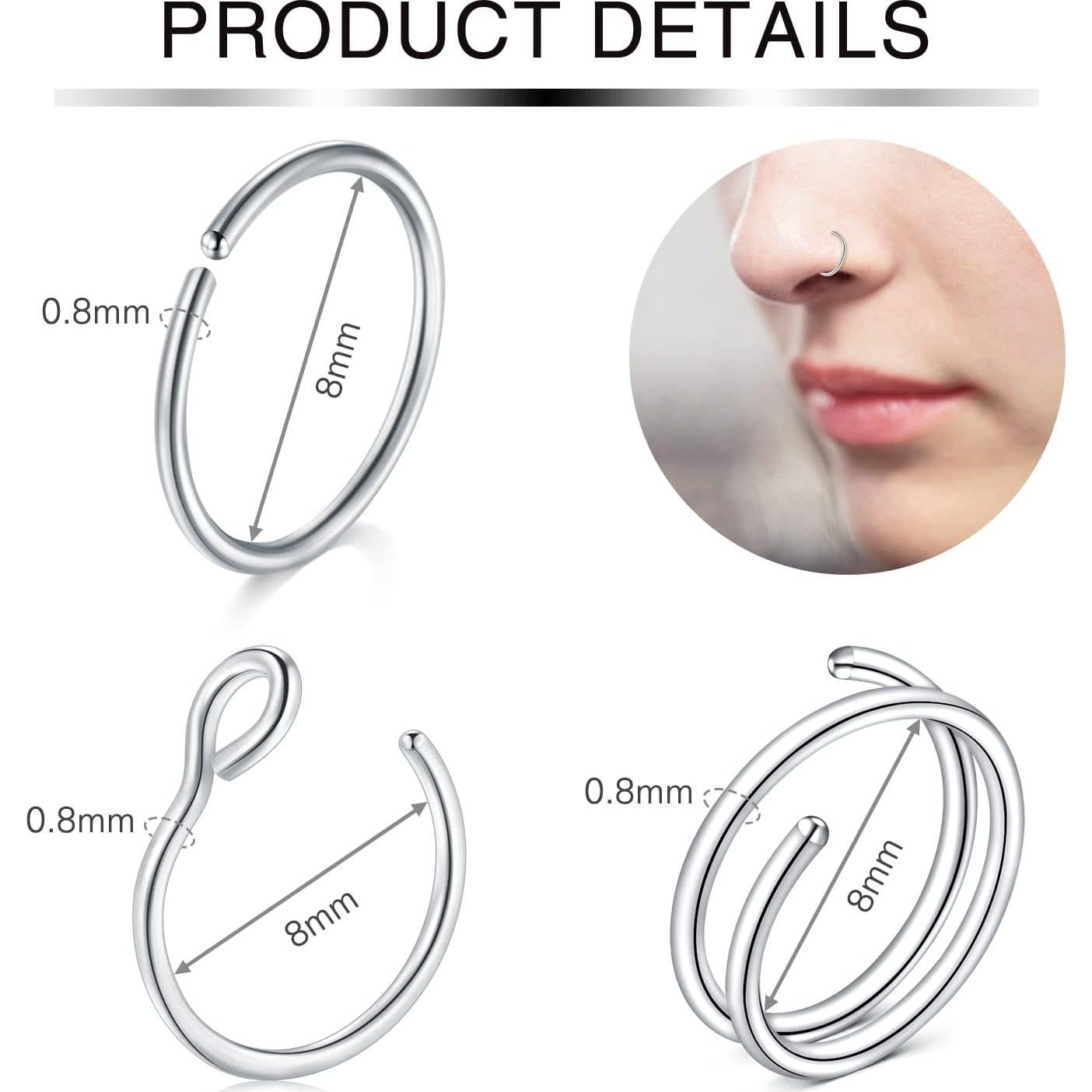 Anillos de Nariz Acero Inoxidable 20G Incaton 24 Piezas Oro