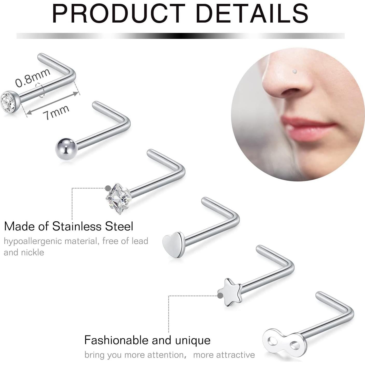 Anillos de Nariz Acero Inoxidable 20G Incaton 24 Piezas Oro