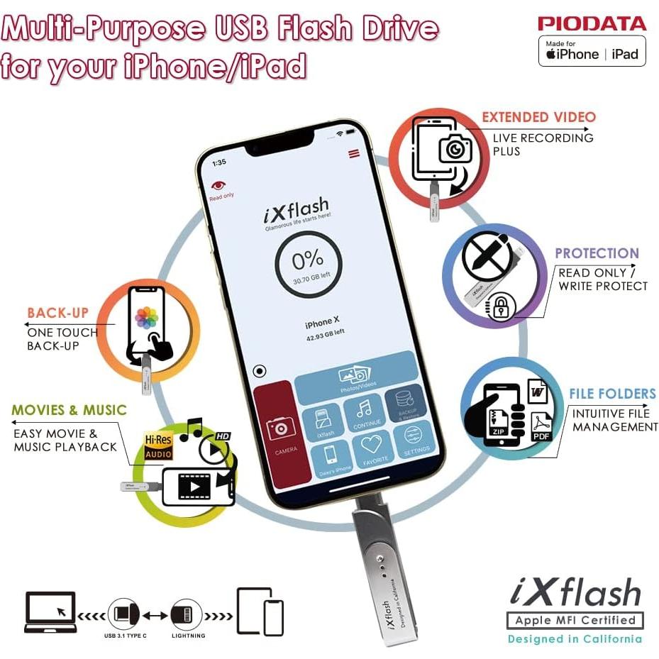 iXflash 512GB Pen Drive Lightning y USB Tipo C PioData