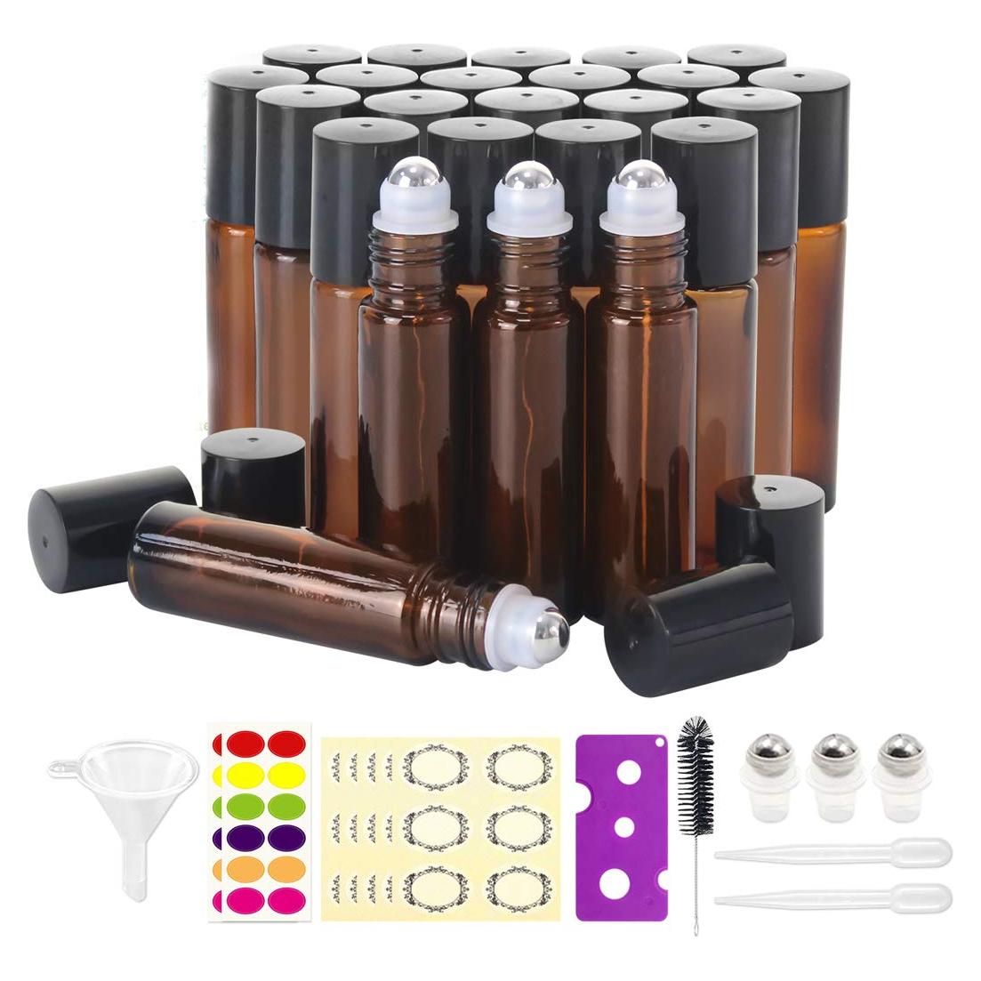 Mavogel 24 Botellas de Rodillo 10ml Ámbar para Aceites Esenciales