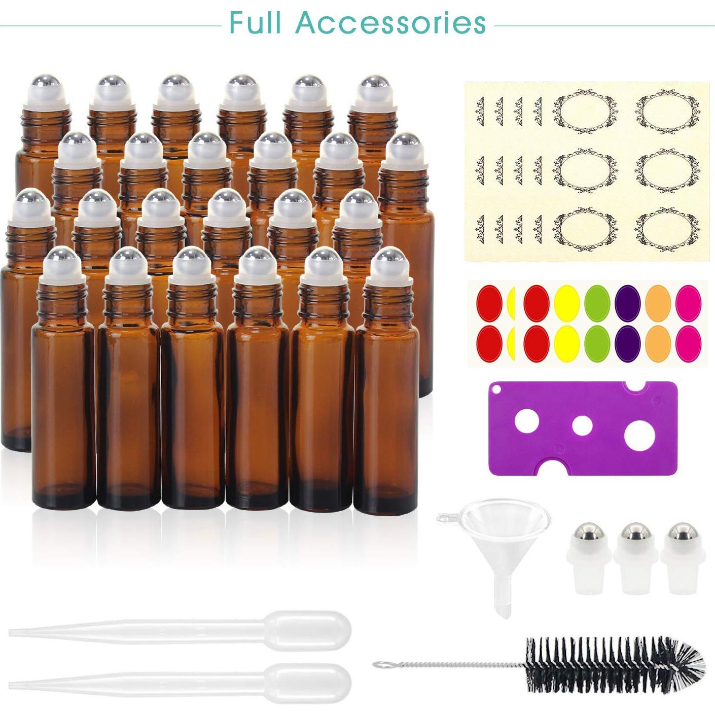 Mavogel 24 Botellas de Rodillo 10ml Ámbar para Aceites Esenciales