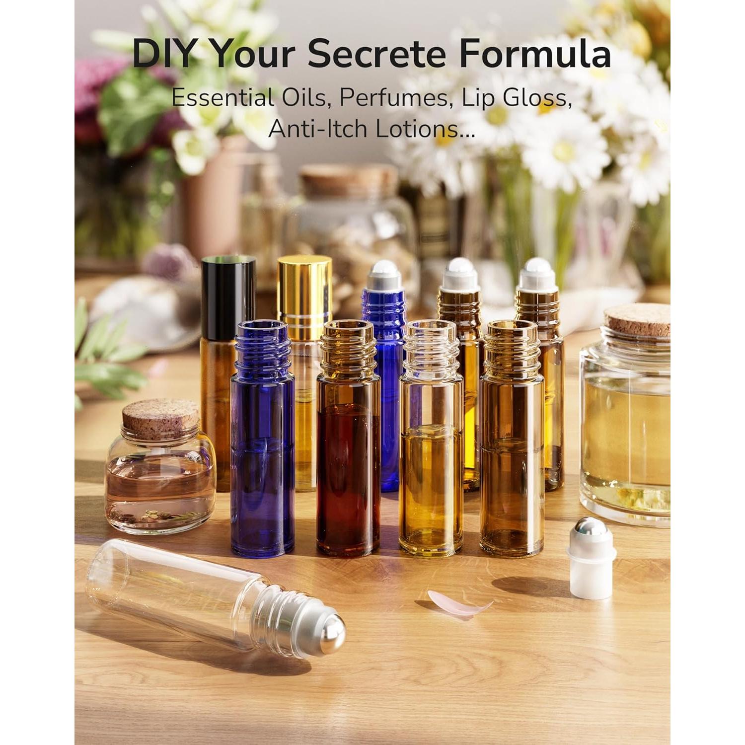 48 Botellas de Aceite Esencial Roller ULG 10ml Ámbar Reutilizables