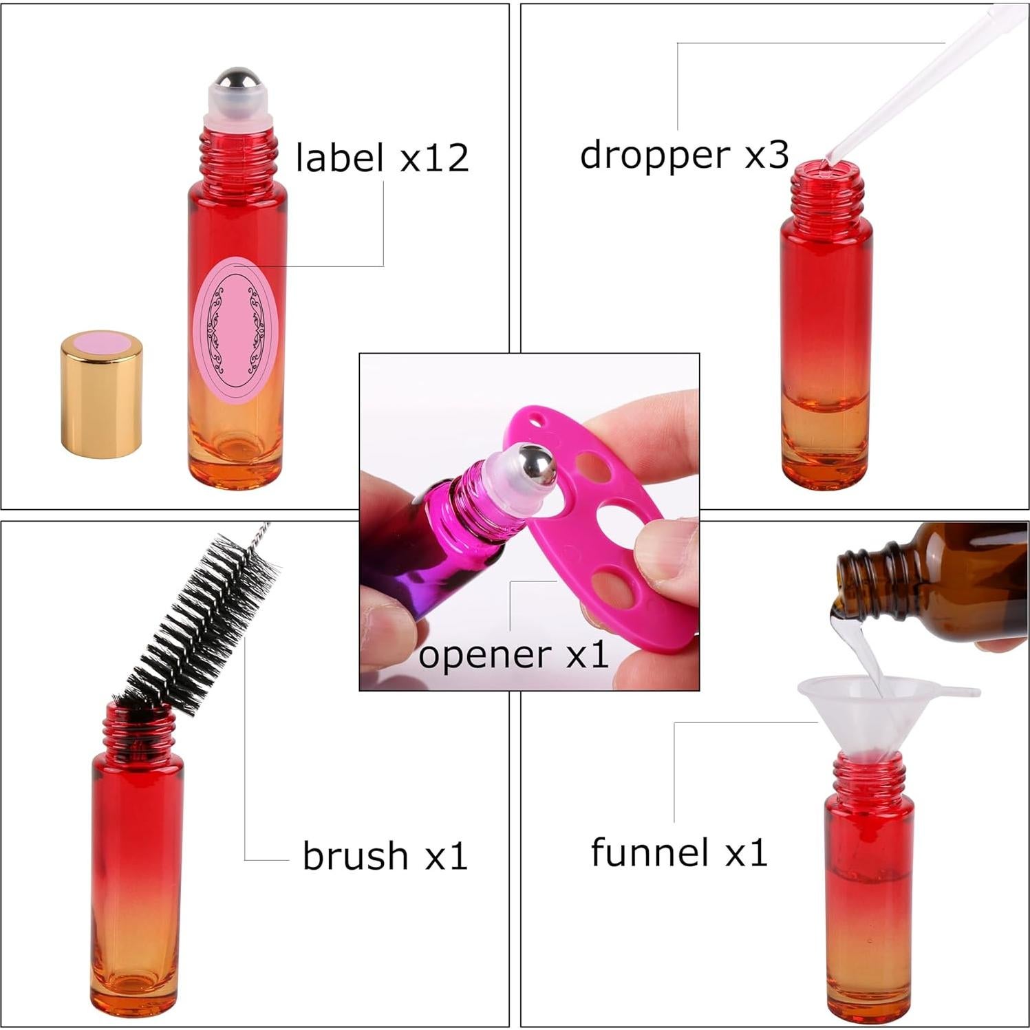 12 Botellas de Rodillo de Vidrio inice 10ml con Tapa Dorada