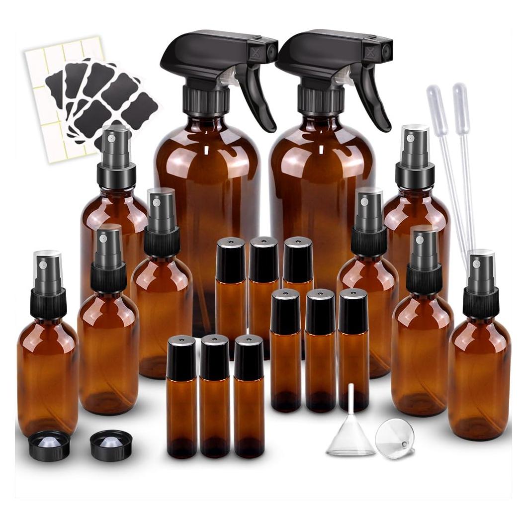 Kit de Botellas de Spray de Vidrio Ámbar x10 y Roller 9x10ml