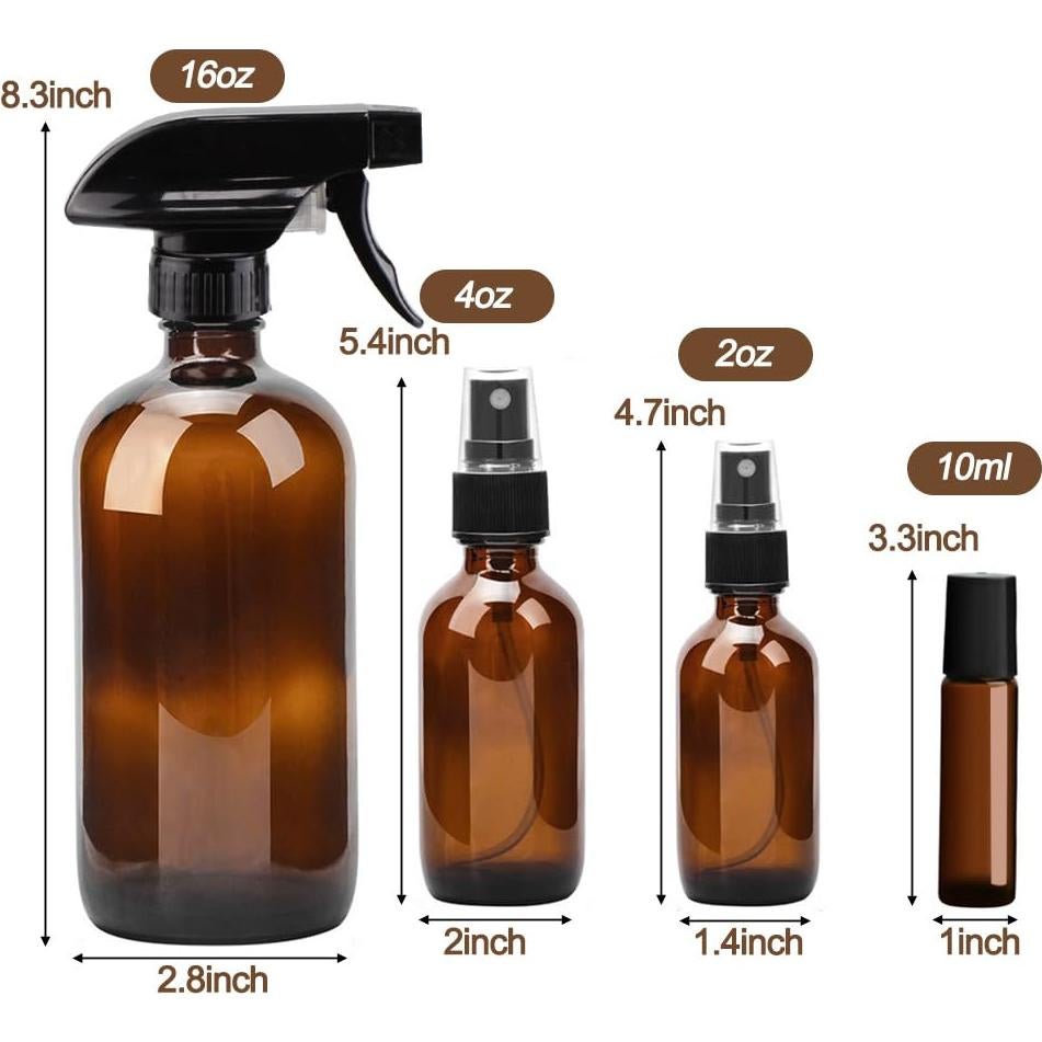 Kit de Botellas de Spray de Vidrio Ámbar x10 y Roller 9x10ml