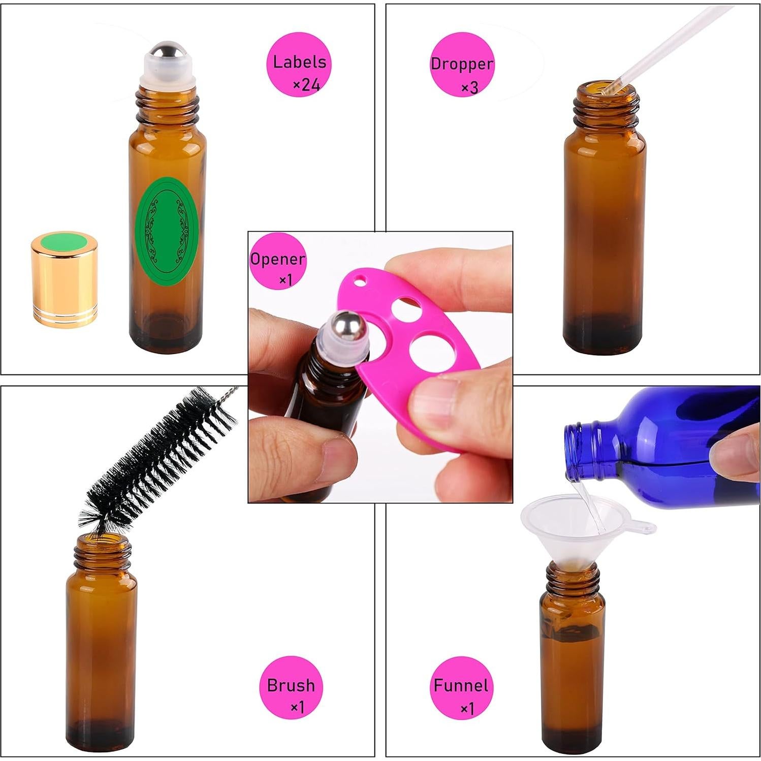 Pack 24 Botellas Rodantes Vidrio Ámbar 10ml inice con Accesorios