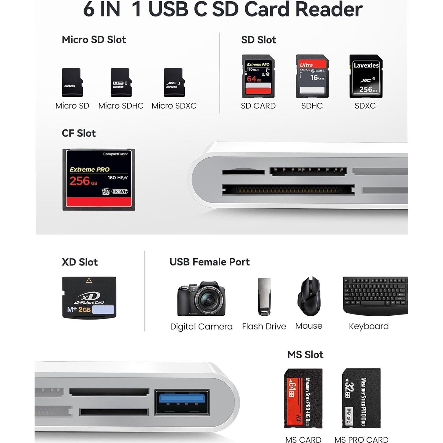 Lector de Tarjetas SD USB-C Oyuiasle 6 Slots para iPhone y iPad