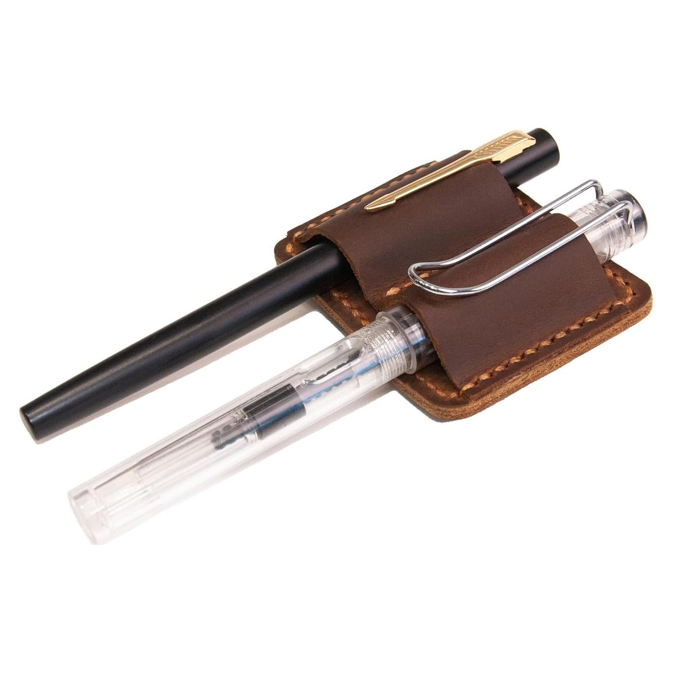 Soporte de bolígrafo de cuero marrón hecho a mano con clip