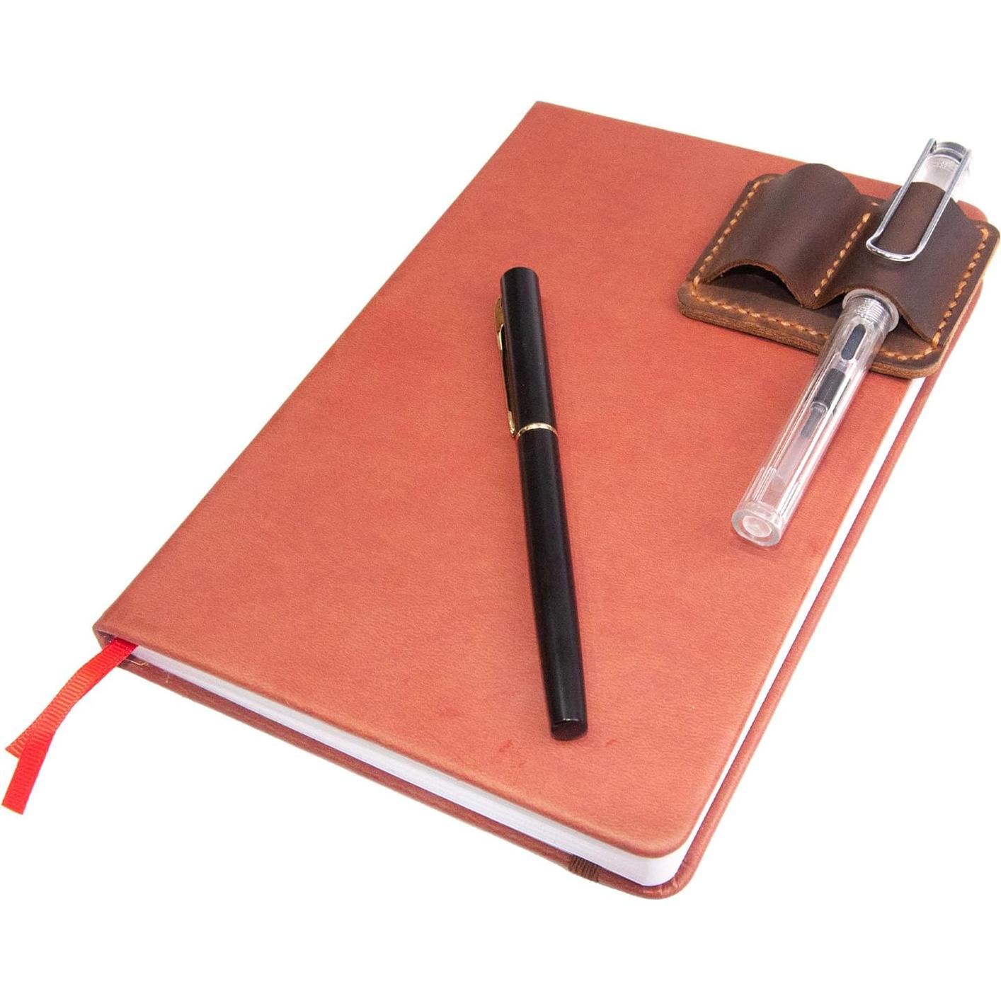 Soporte de bolígrafo de cuero marrón hecho a mano con clip