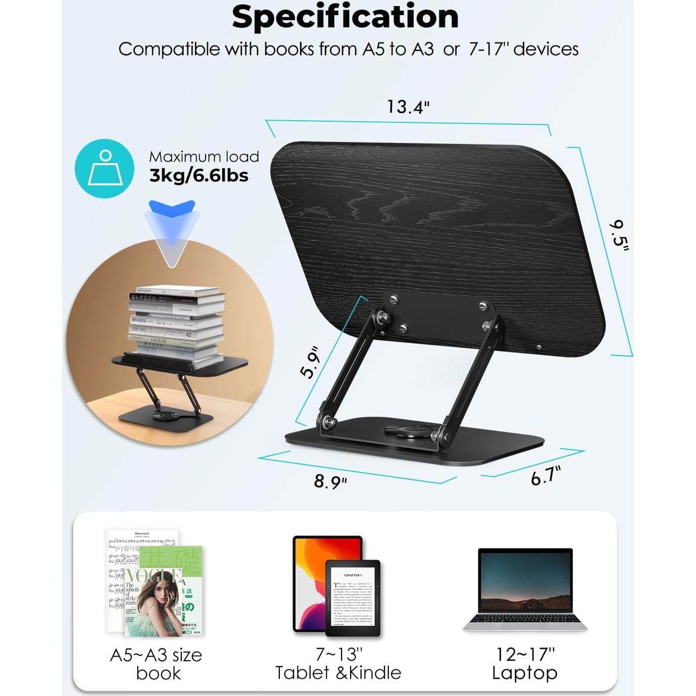 Soporte de Libro Viozon Ajustable 360° Plegable Negro