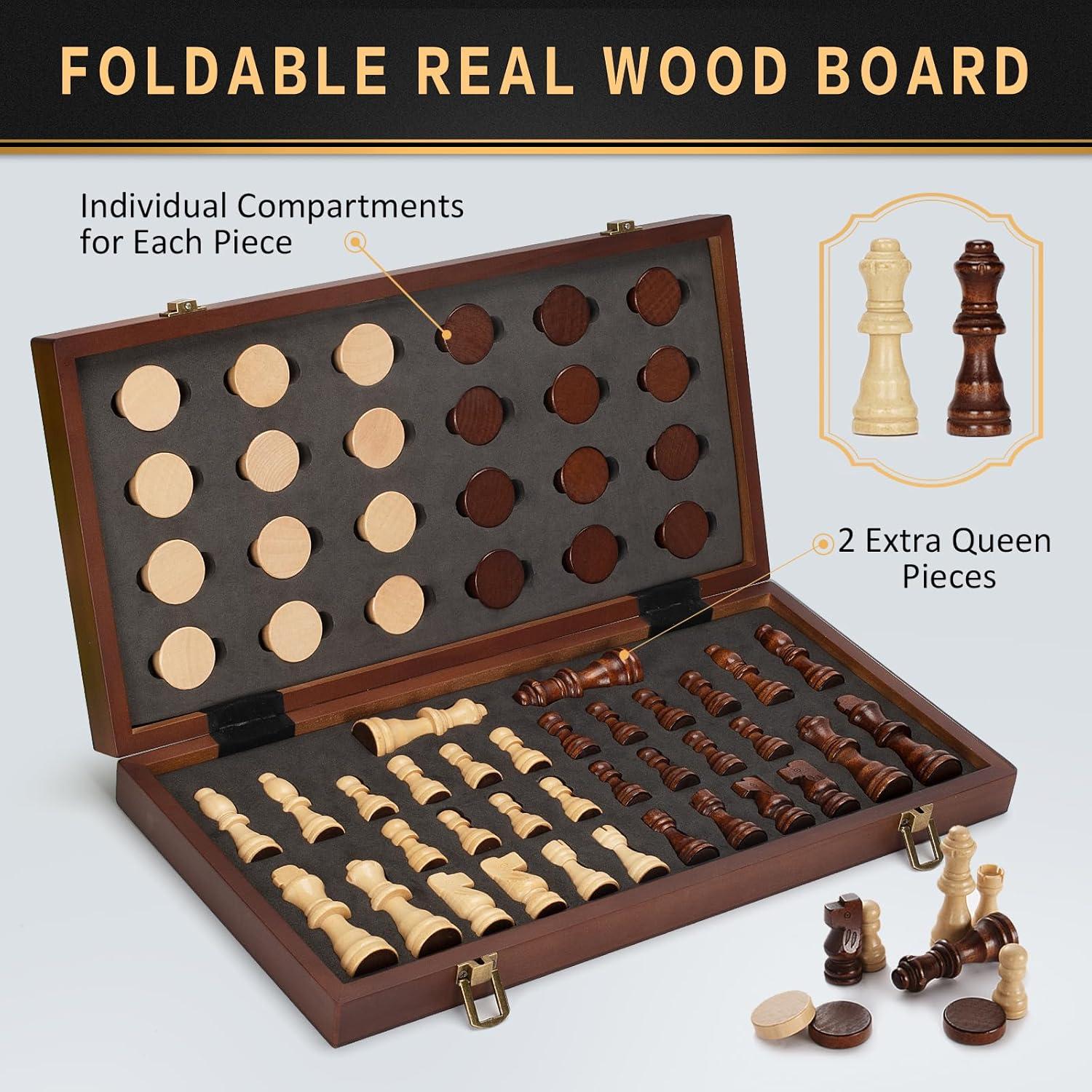 Juego de Ajedrez y Damas Magnético 2 en 1 de Madera 38x19 cm