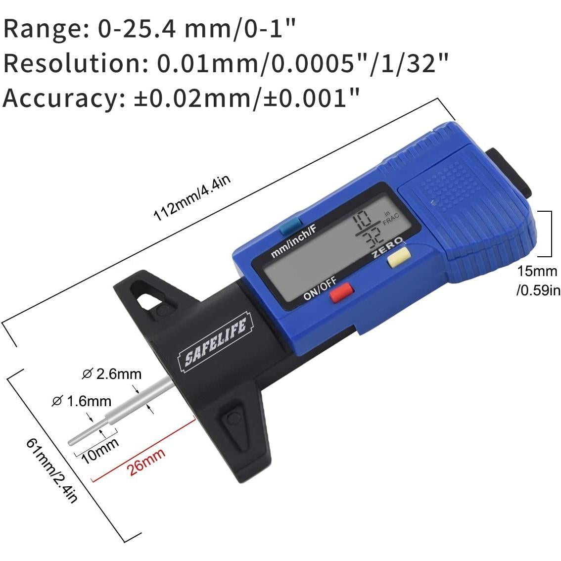 Calibrador Digital de Profundidad de Neumático Safelife 0-25.4 mm