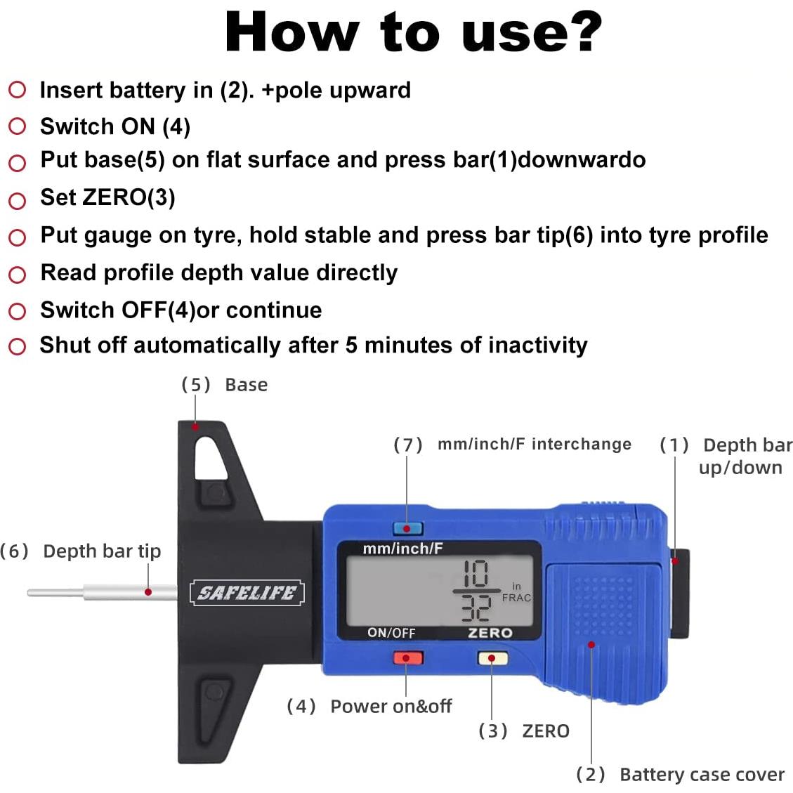 Calibrador Digital de Profundidad de Neumático Safelife 0-25.4 mm