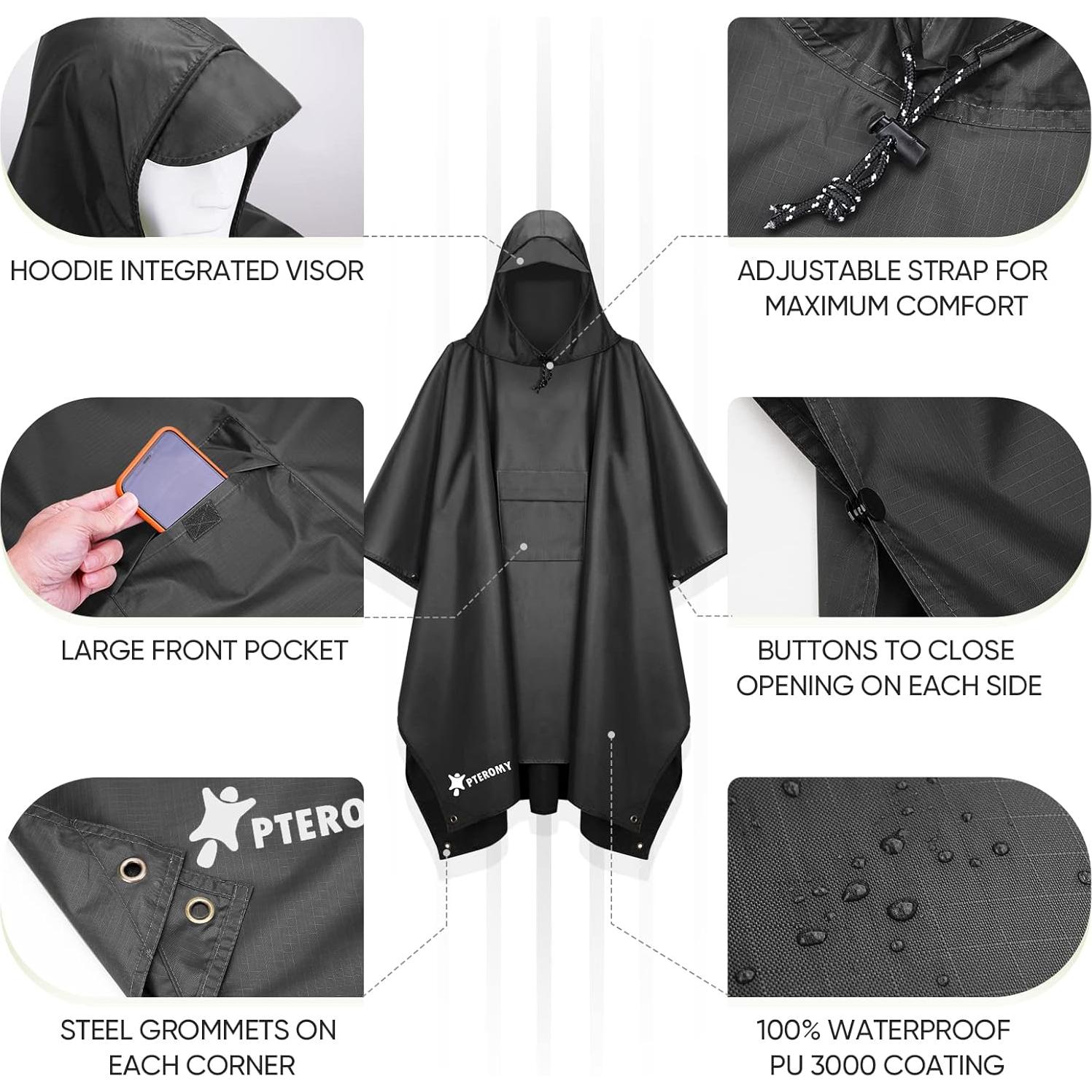 Poncho de Lluvia PTEROMY Unisex Impermeable 1.43x2.18m