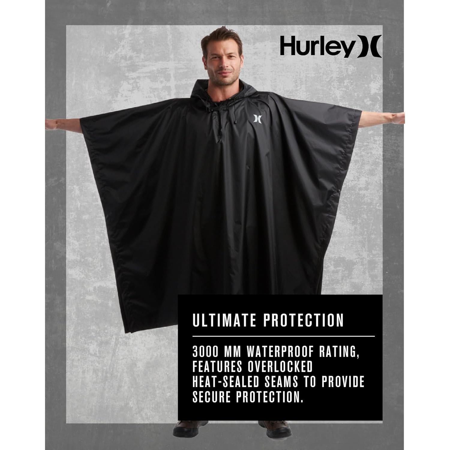 Poncho de Lluvia Impermeable Hurley para Adultos - Talla Única Negro