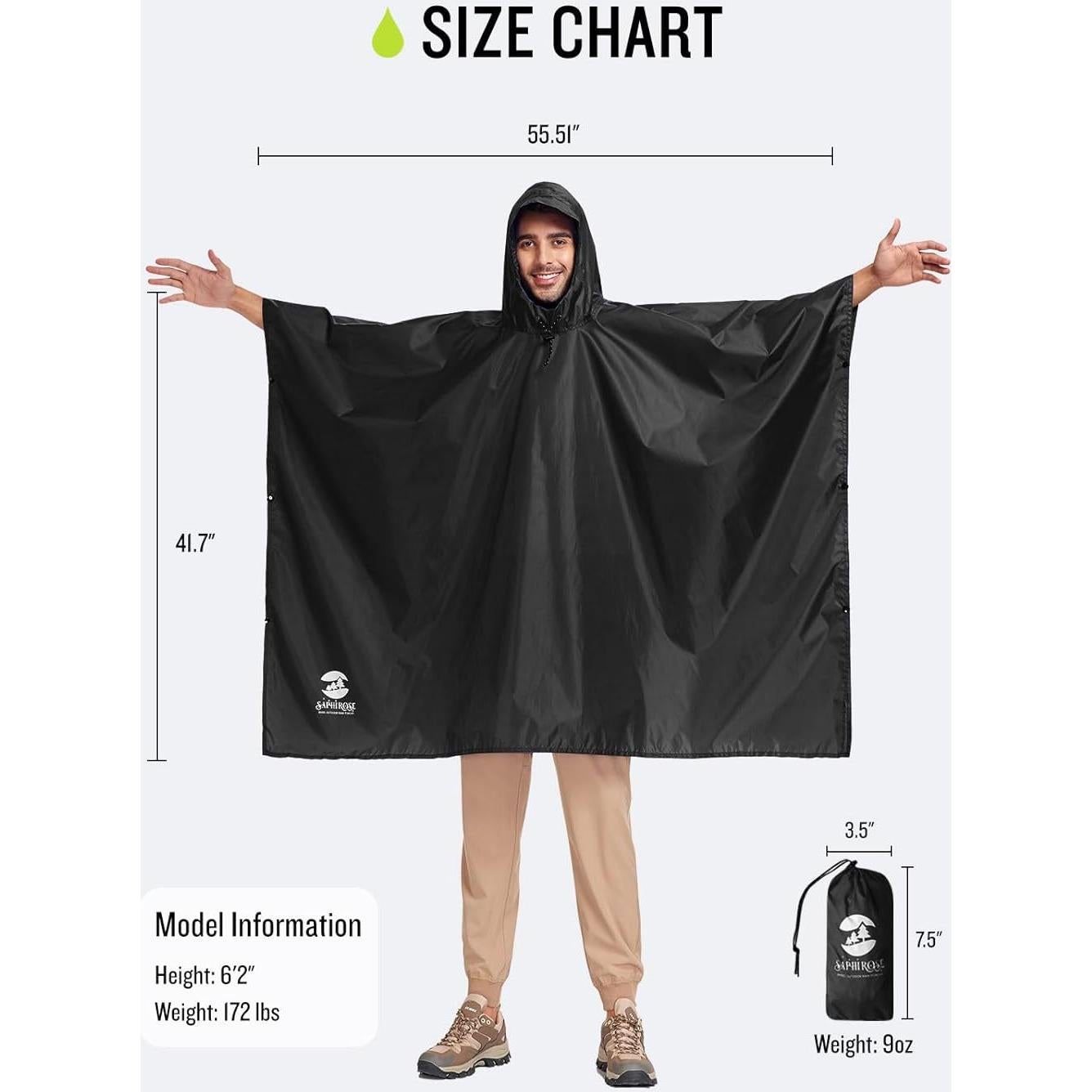 Poncho de Lluvia Impermeable SaphiRose Unisex Negro