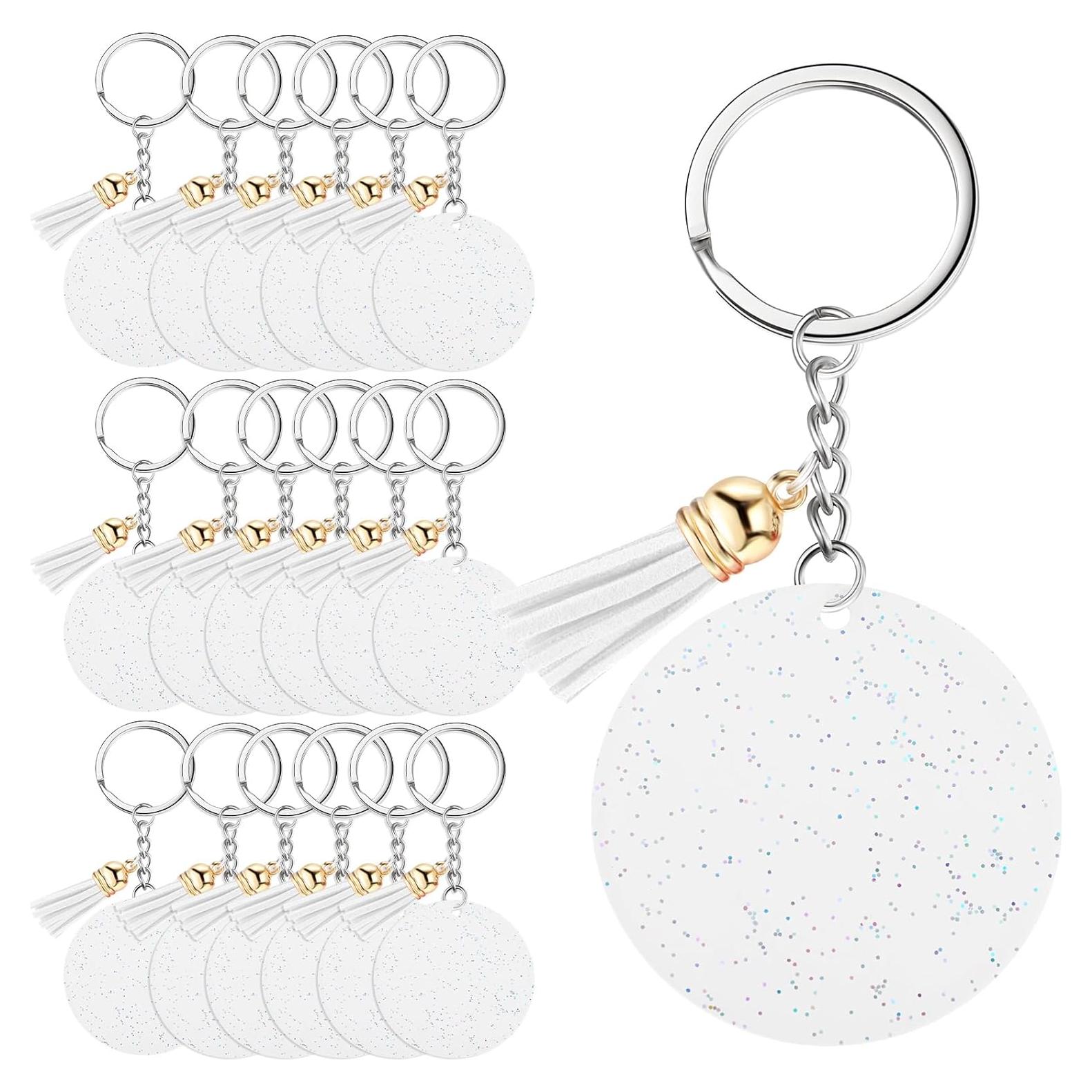 Sureio 20 Llaveros Acrílicos Brillantes 5 cm con Borlas Blancas