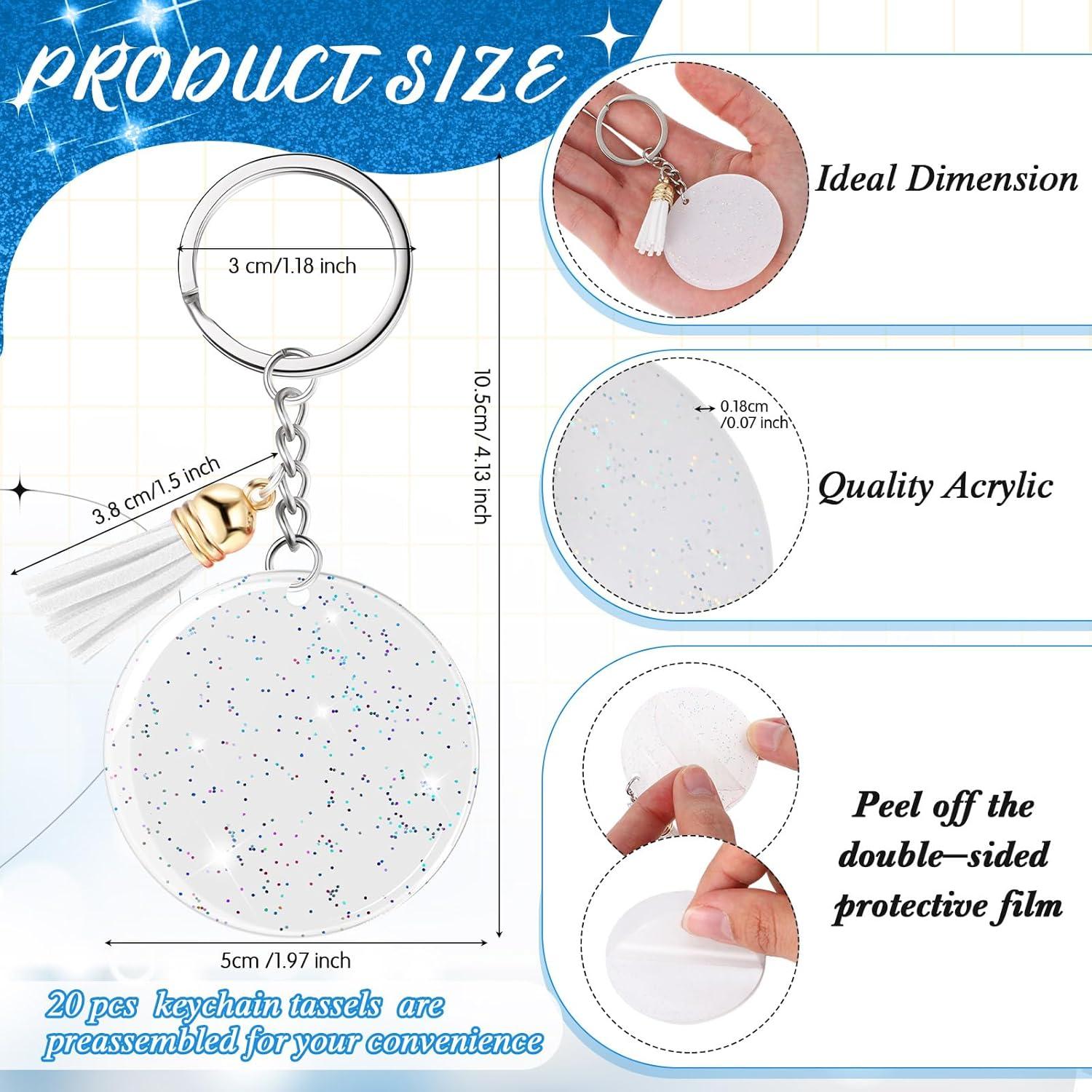 Sureio 20 Llaveros Acrílicos Brillantes 5 cm con Borlas Blancas