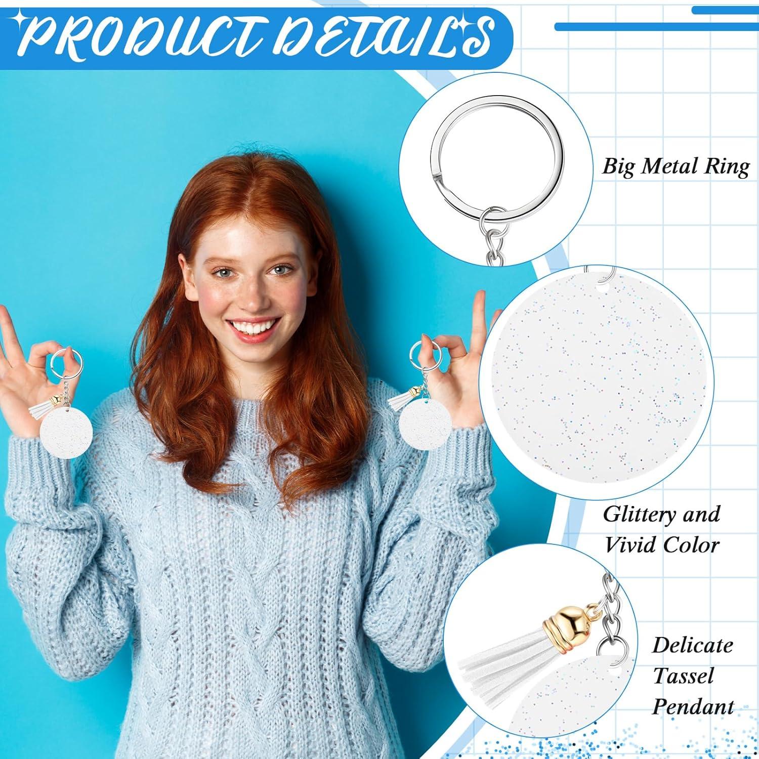 Sureio 20 Llaveros Acrílicos Brillantes 5 cm con Borlas Blancas