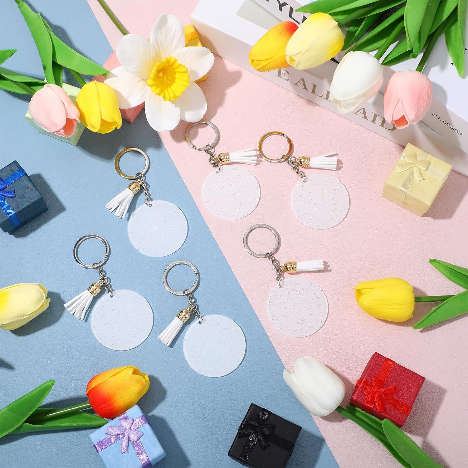 Sureio 20 Llaveros Acrílicos Brillantes 5 cm con Borlas Blancas