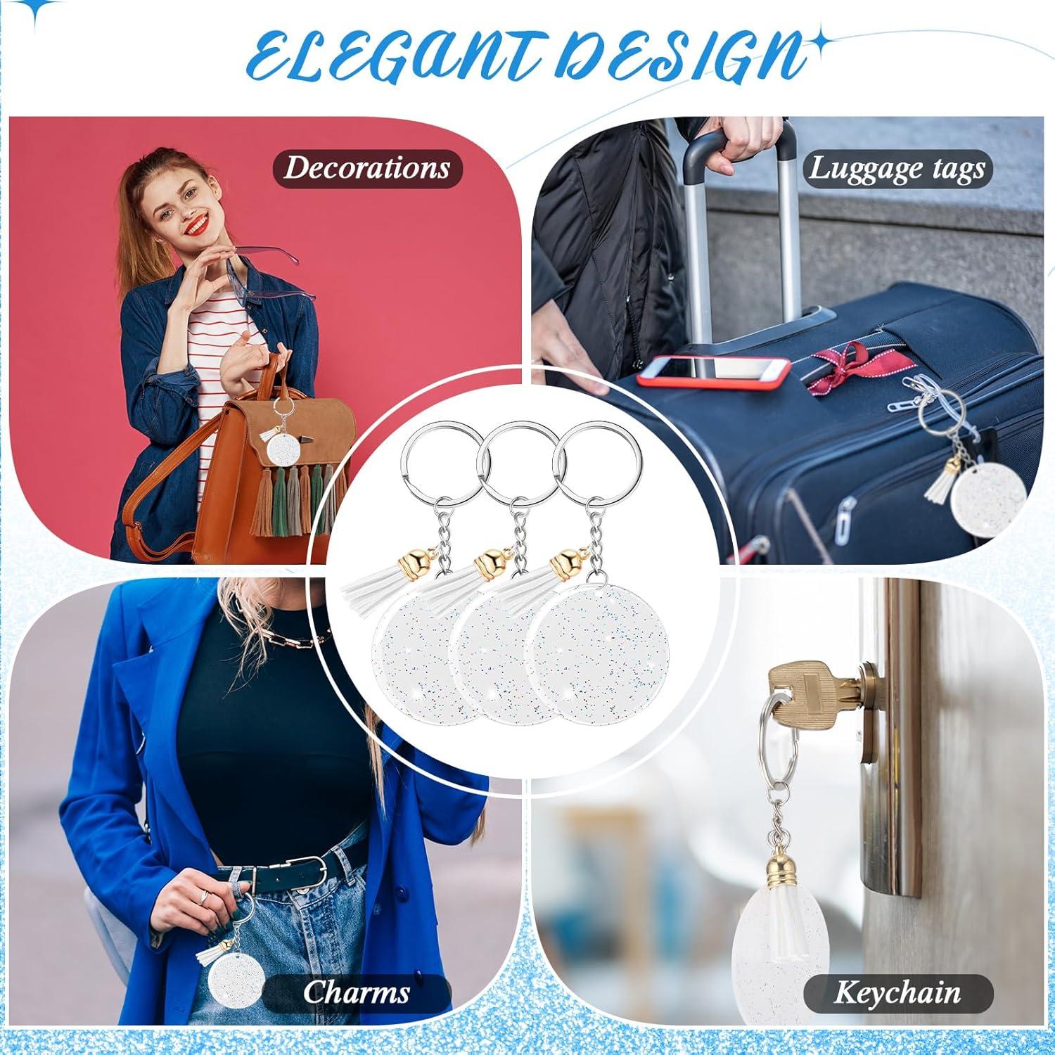 Sureio 20 Llaveros Acrílicos Brillantes 5 cm con Borlas Blancas