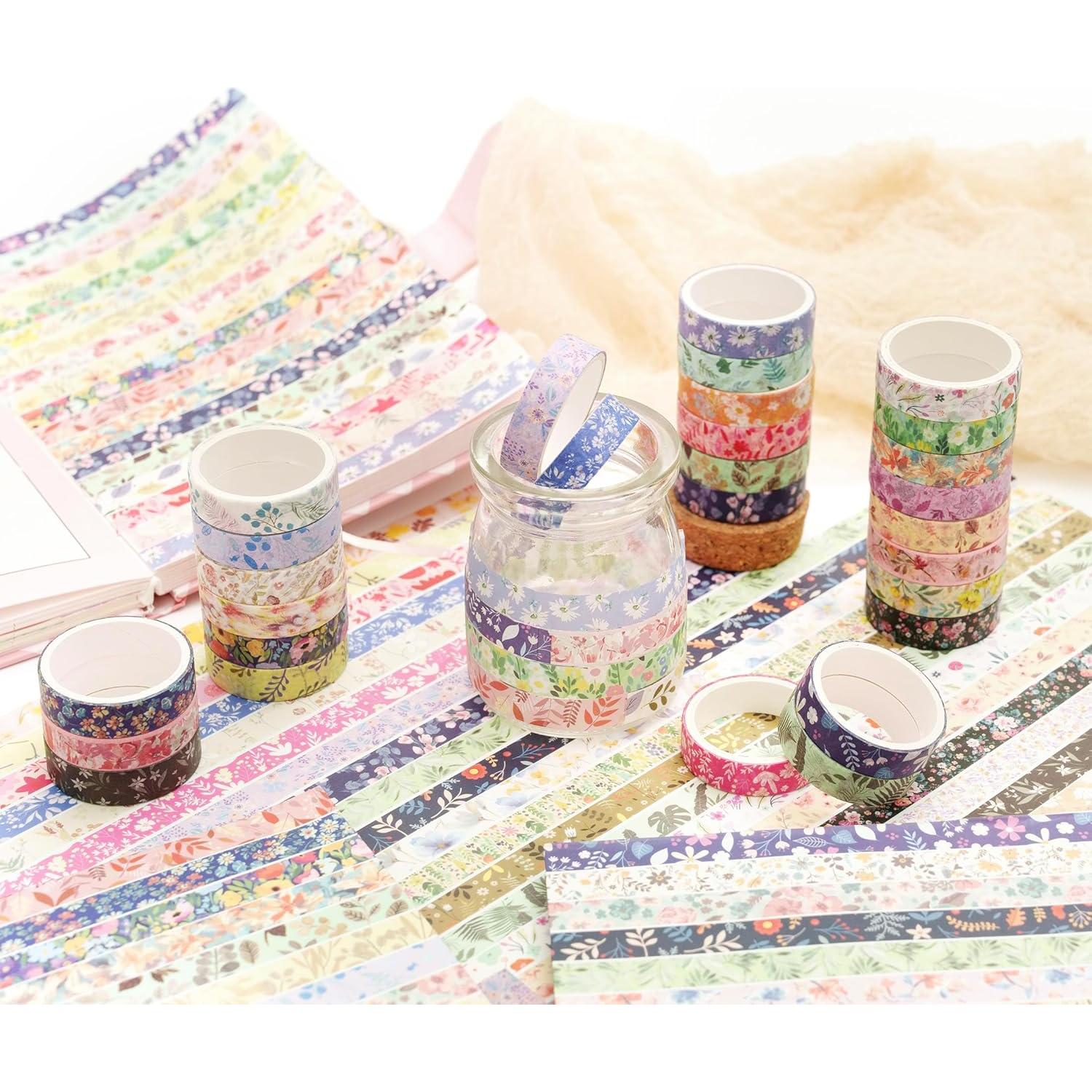 Paquete de 50 Rollos de Cinta Washi YUBBAEX Floral 10mm x 2m
