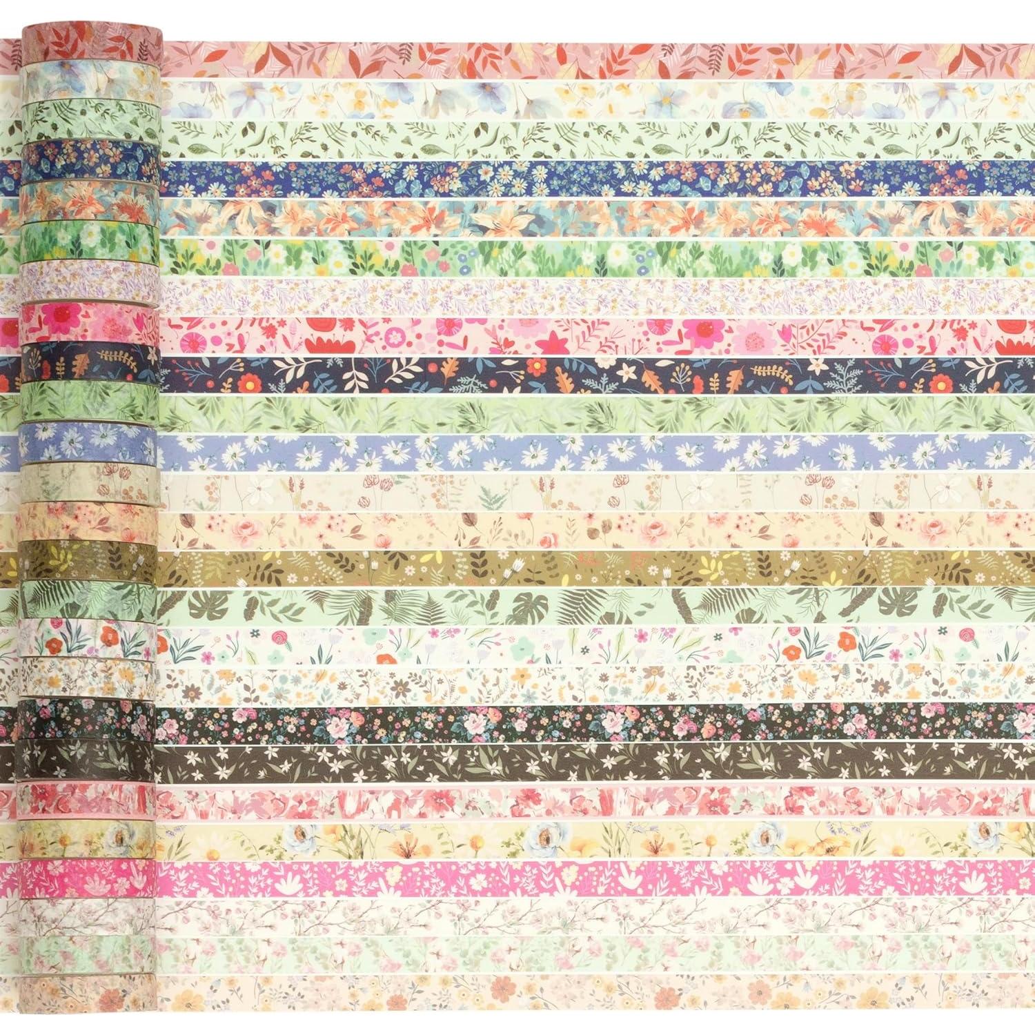 Paquete de 50 Rollos de Cinta Washi YUBBAEX Floral 10mm x 2m