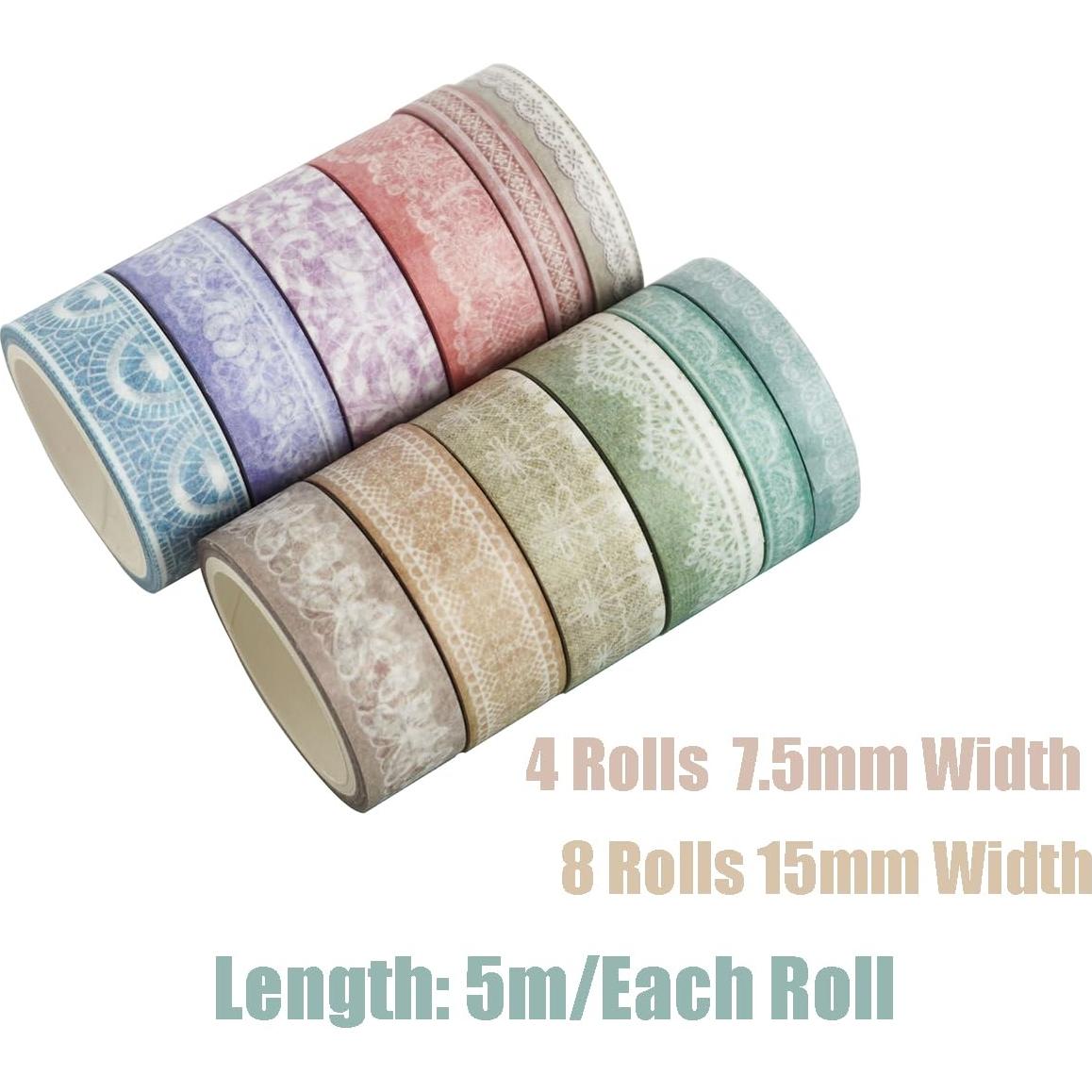 Juego de Cinta Washi Zellykool 12 Rollos Encaje 15mm y 7.5mm
