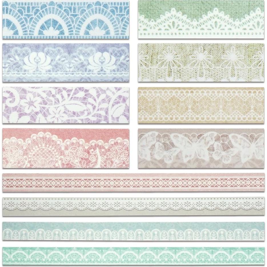 Juego de Cinta Washi Zellykool 12 Rollos Encaje 15mm y 7.5mm