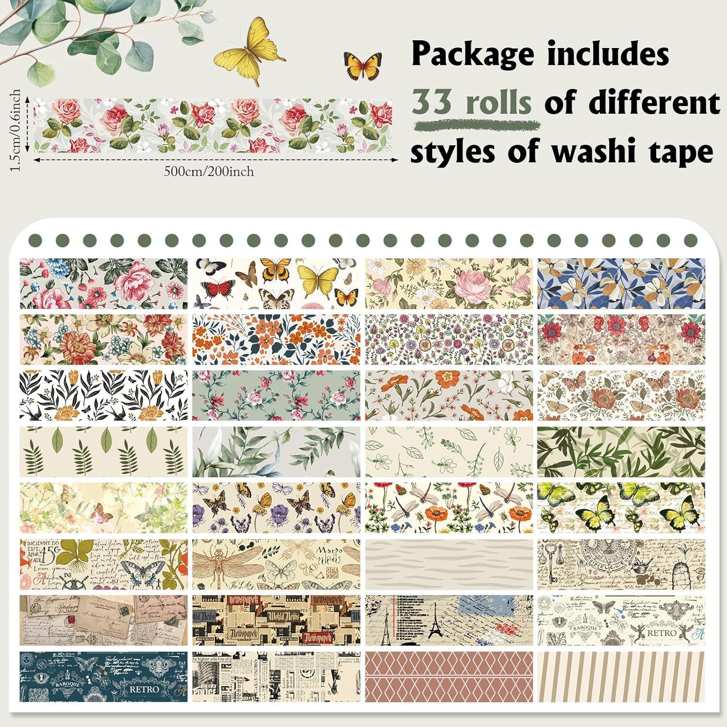 Cinta Washi TaoBary 33 Rollos Vintage 15mm para Manualidades