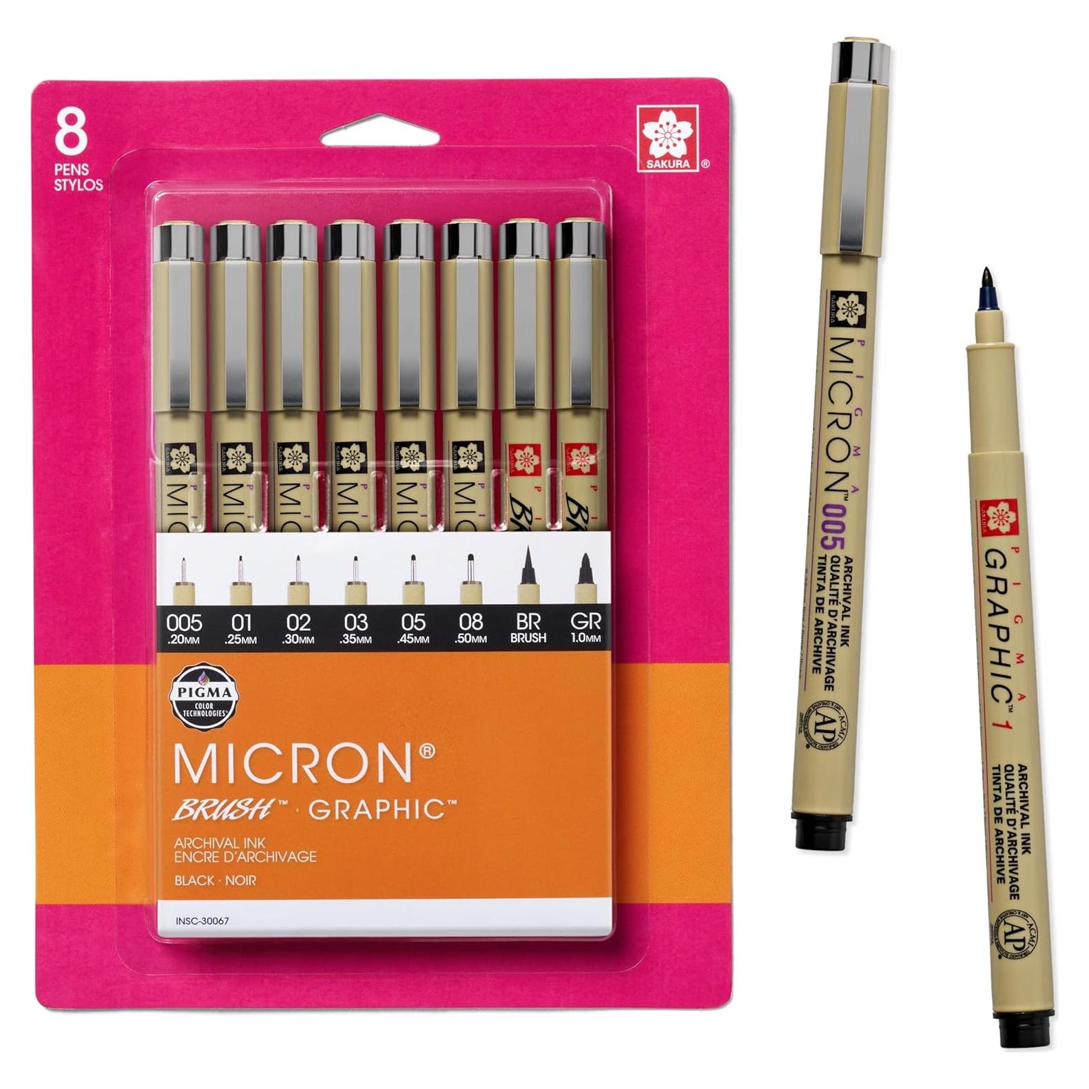 Plumas Pigma Micron Sakura - Tinta Negra Archival - 8 Piezas