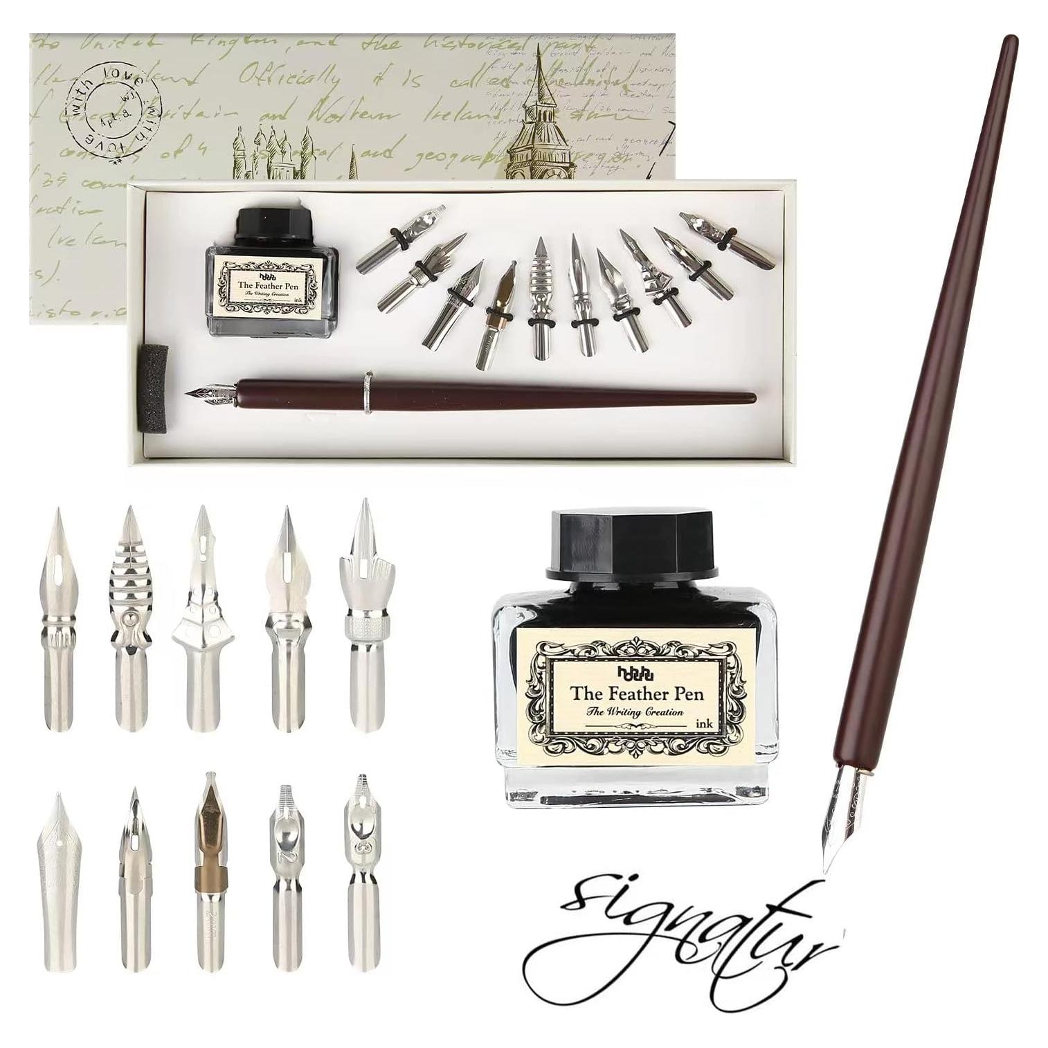 Juego de Caligrafía hhhouu con Pluma de Pavo Real y Tinta Negra