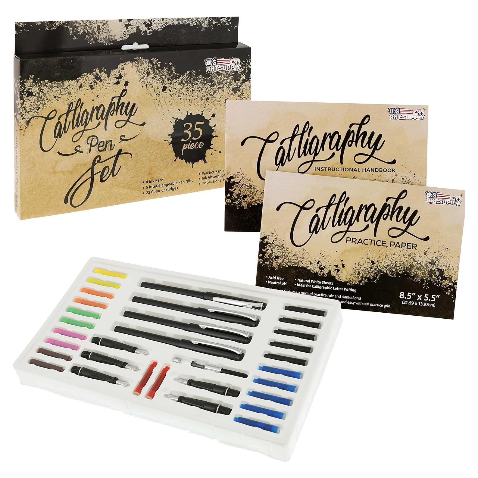Juego de Caligrafía U.S. Art Supply 35 Piezas - 4 Plumas, 22 Tintas