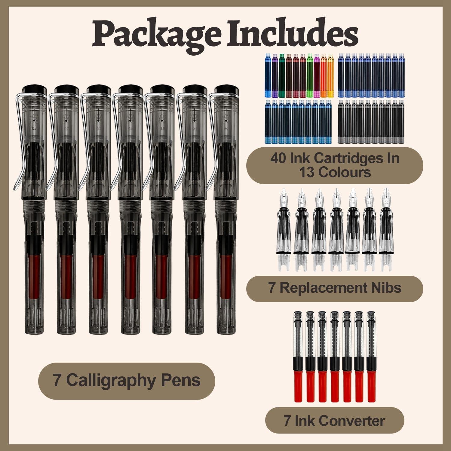 Juego de Caligrafía Wonwood 7 Plumas Estilográficas 40 Cartuchos