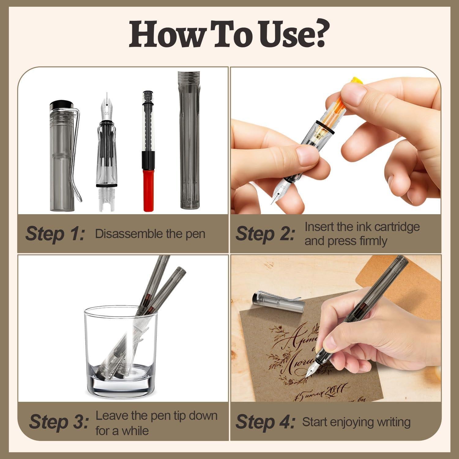 Juego de Caligrafía Wonwood 7 Plumas Estilográficas 40 Cartuchos