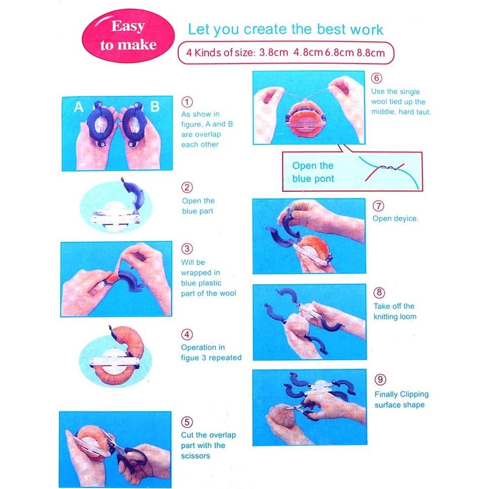 Fabricante de Pompones WAYION 4 Tamaños con Tijeras y Hilo