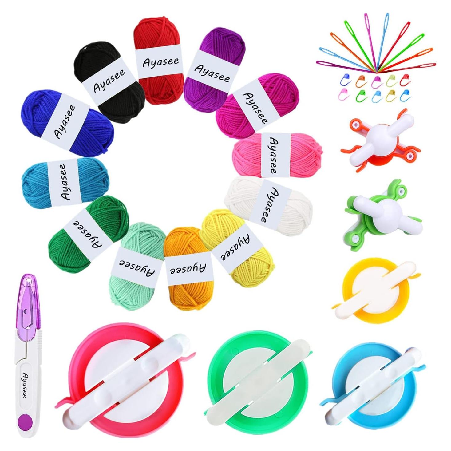Kit Hacedor de Pompones Ayasee 6 Tamaños + 12 Hilos Acrílicos