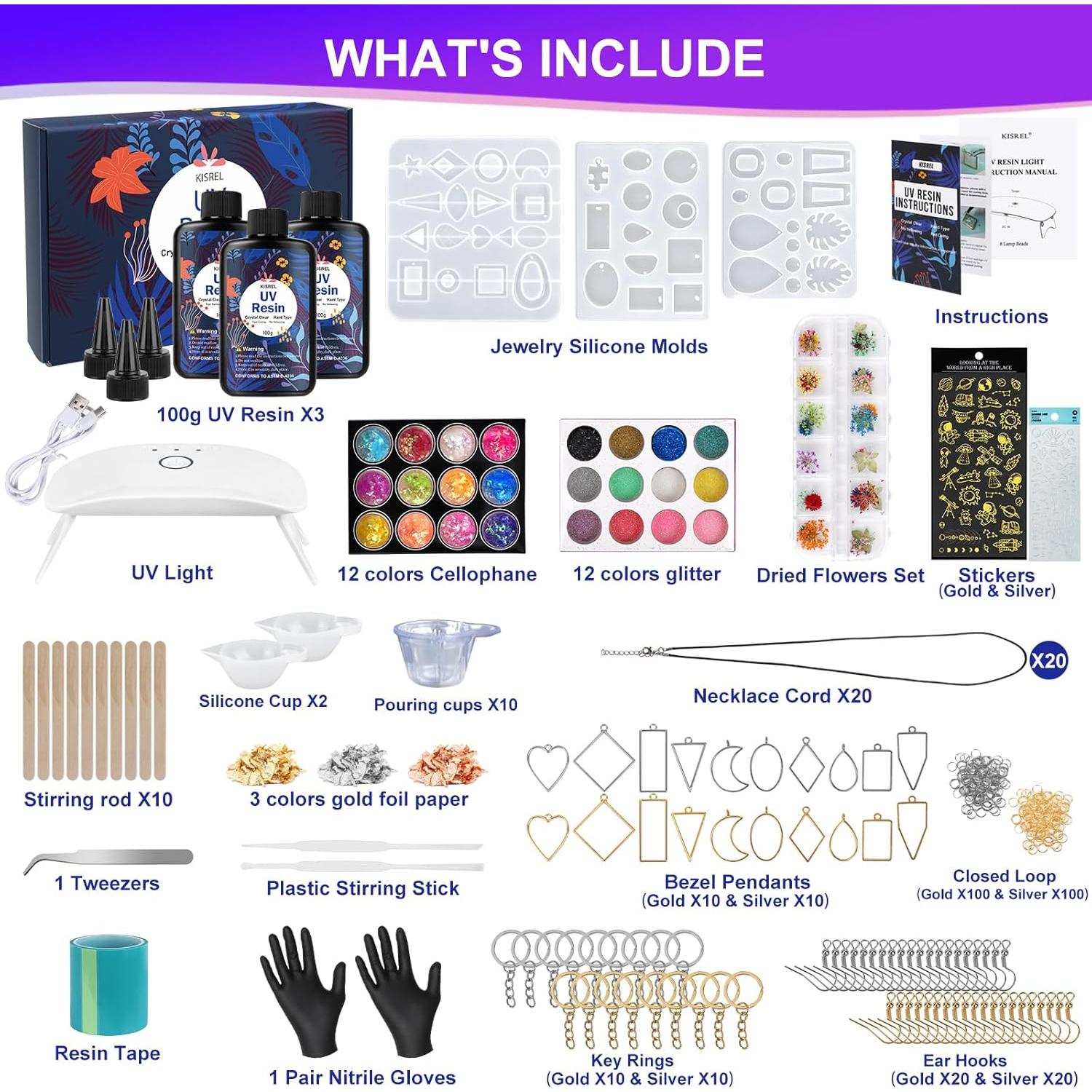 Kit de Joyería de Resina UV KISREL 300g con Moldes y Luz